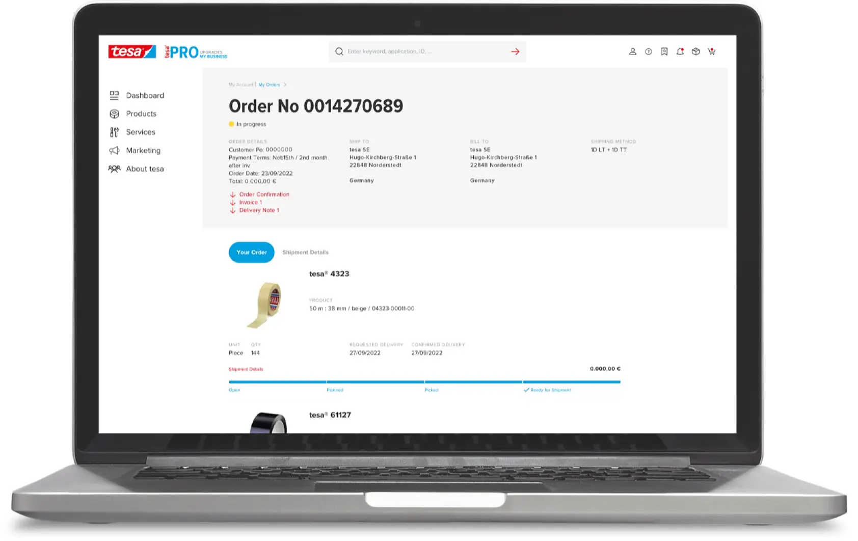 A laptop displays an order confirmation screen for Order No 0014270689 from the tesa Pro website. The screen shows shipping details, including delivery to Germany and a total amount of 99.00€. (This text has been generated by AI)