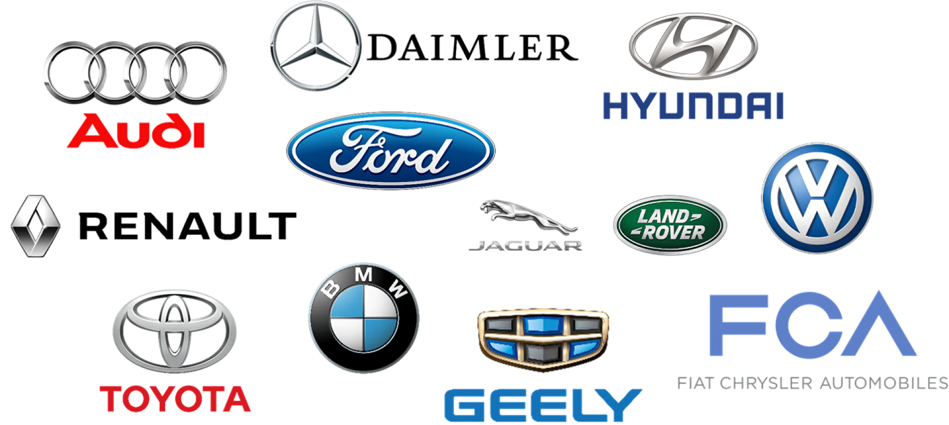 OEM_Logo_APM_Approvals A collection of car brand logos, including Audi, Mercedes-Benz, Ford, Hyundai, Renault, Toyota, BMW, Jaguar, Land Rover, Volkswagen, FCA, and Geely, displayed on a white tesa tape background. (This text has been generated by AI)