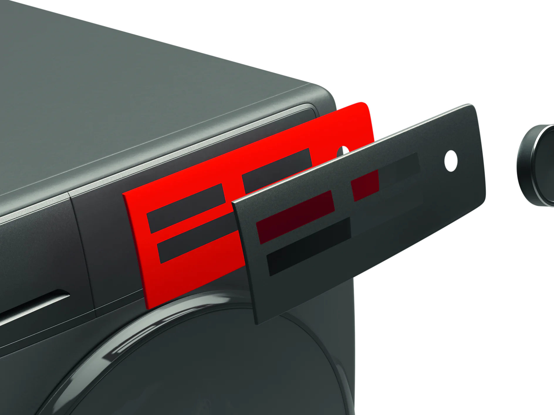 Appliances-laundry-mounting-displays-membrane-switches-illustration-2-png_midsize A close-up of a washing machine with its detergent drawer partially open, showing a red and black panel inside and a knob detached to the right side. tesa tape is visible securing parts of the panel. (This text has been generated by AI)