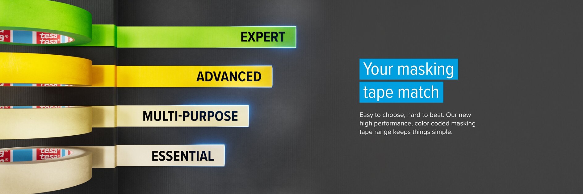 Four rolls of tesa tape for masking in different colors—green labeled EXPERT, yellow labeled ADVANCED, beige labeled MULTI-PURPOSE, and white labeled ESSENTIAL—are shown on a dark background with product information to the right. (This text has been generated by AI)