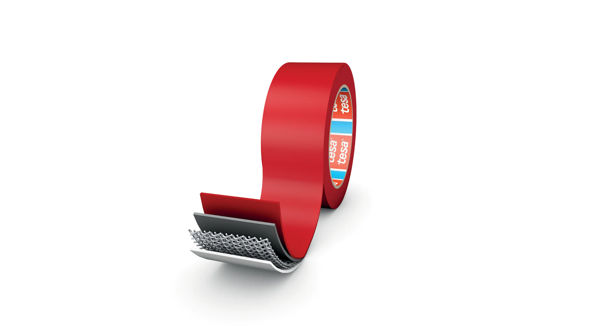 A roll of red double-sided tesa tape is partially unrolled, revealing its layered structure with adhesive and mesh-like materials, set against a white background. (This text has been generated by AI)