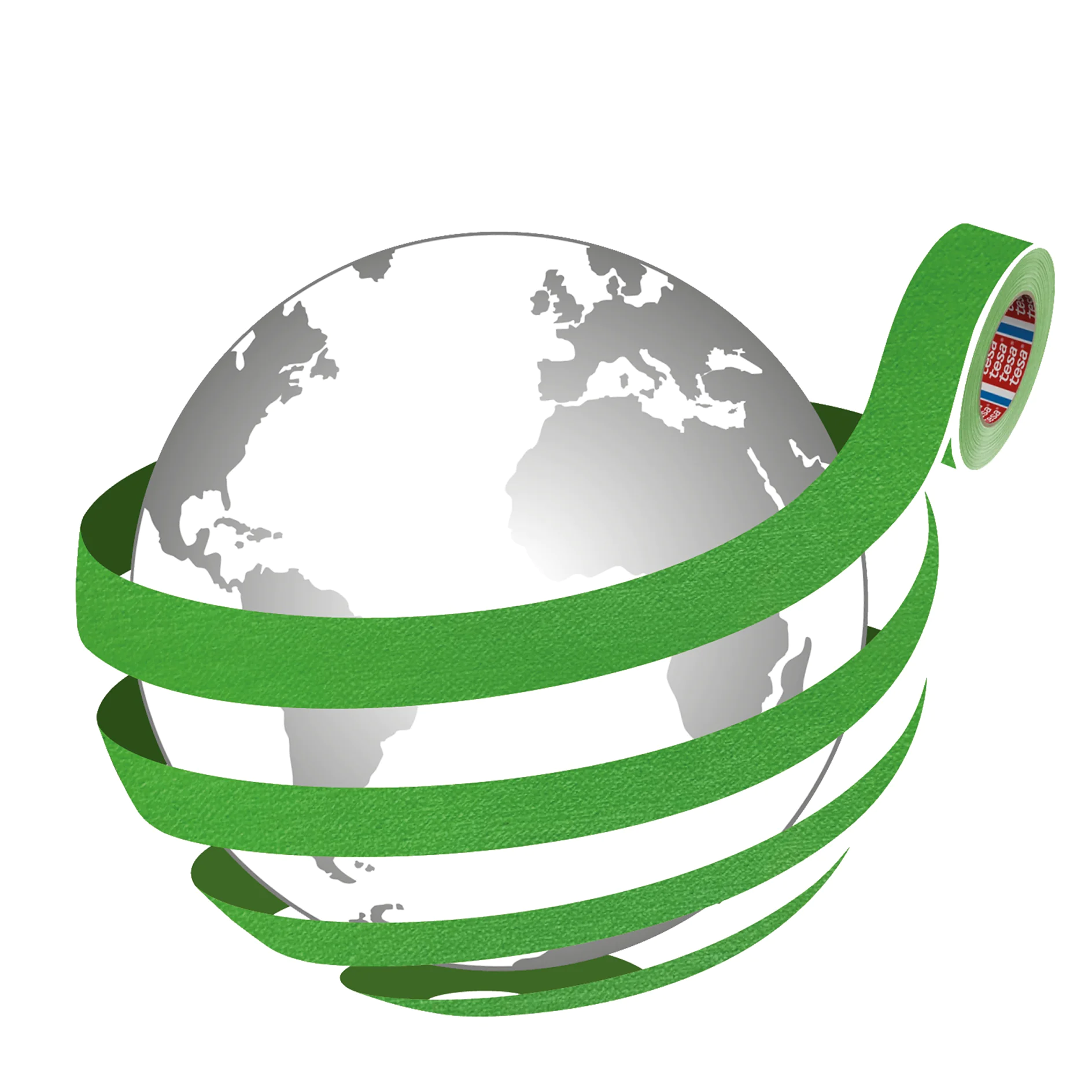 A gray and white globe is partially wrapped by a long, spiraling strip of green tesa tape, with the roll of tesa tape positioned near the top right of the globe. (This text has been generated by AI)