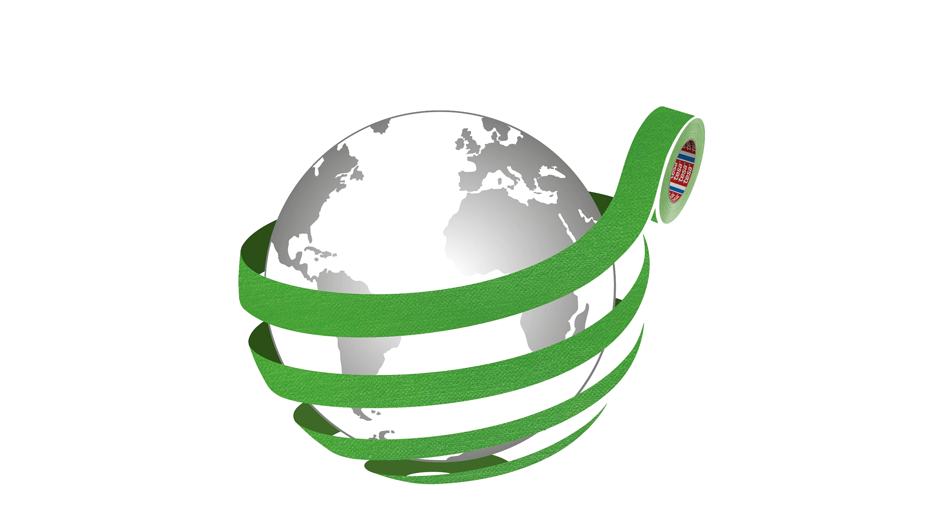 A gray and white globe is partially wrapped by a long, spiraling strip of green tesa tape, with the roll of tesa tape positioned near the top right of the globe. (This text has been generated by AI)