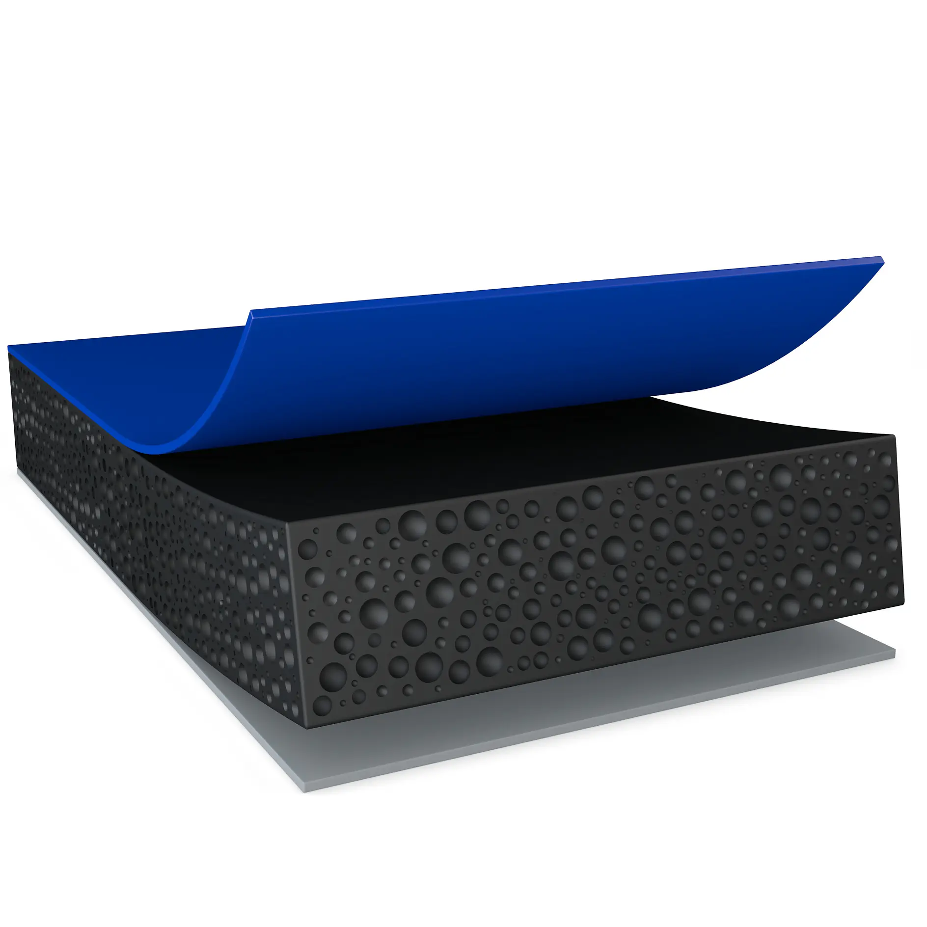 tesa black adhesive tape with blue protective backing partially peeled, isolated on white background (This text has been generated by AI)