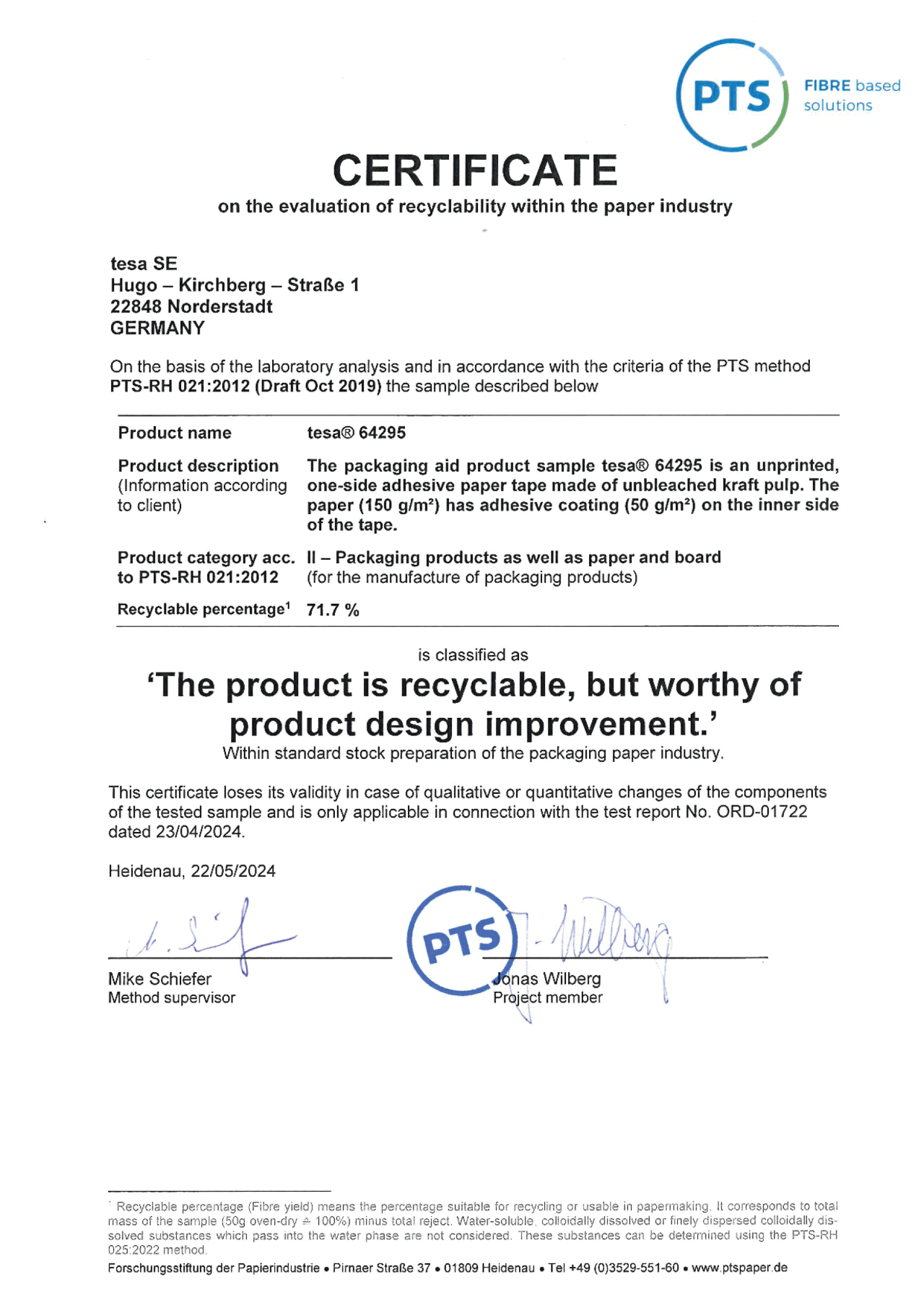 PTS certificate_tesa® 64295_PTS-RH 021_2012