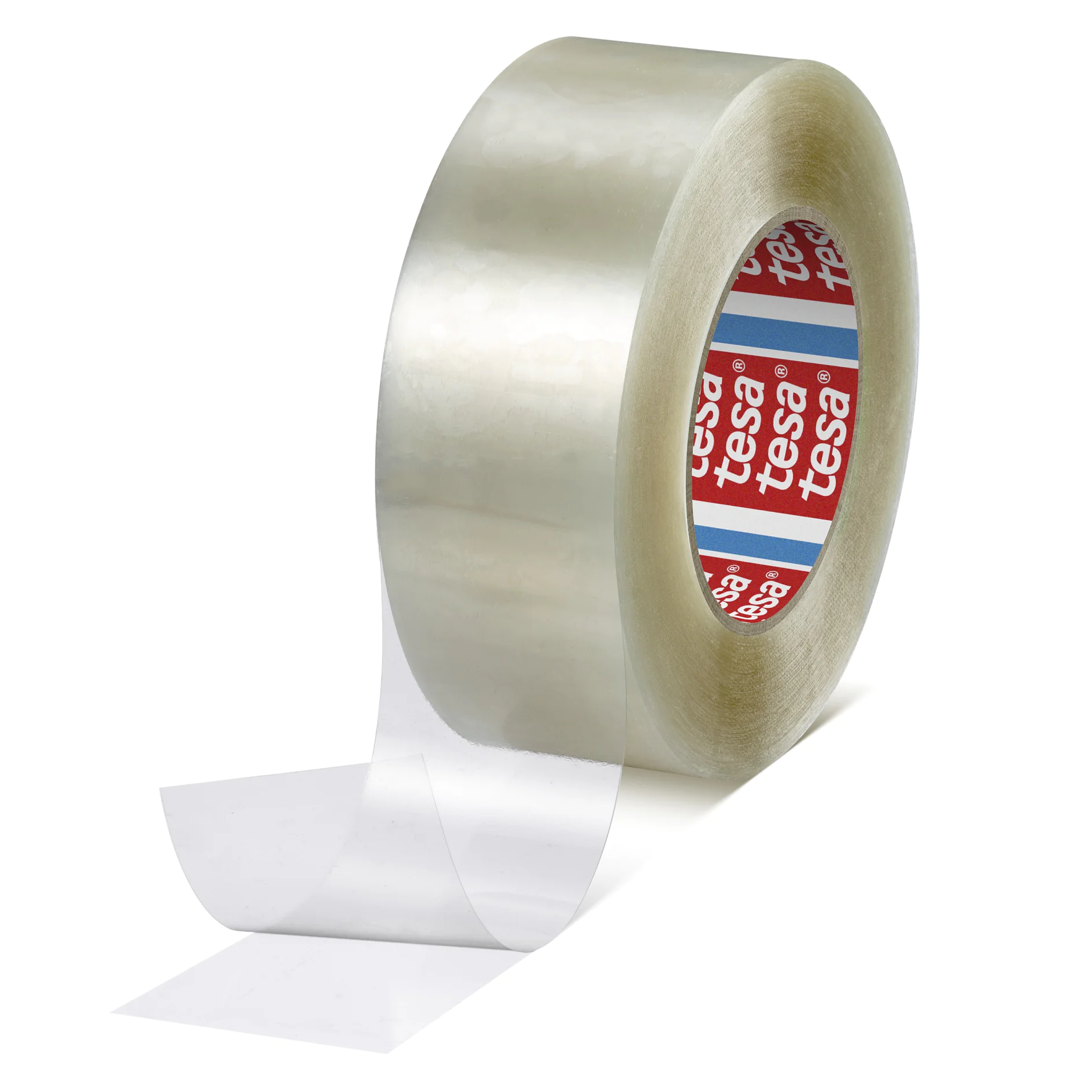 A roll of clear tesa tape with a partially unrolled strip. The inner core is labeled "tesa" in red and white on blue and red. (This text has been generated by AI)