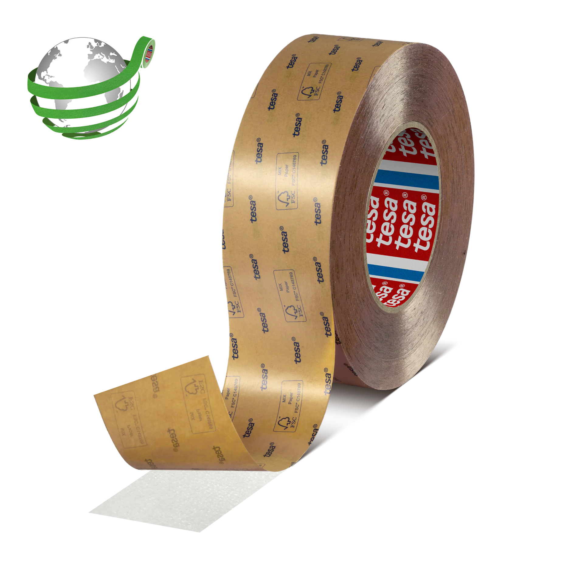 A large roll of brown tesa tape with a partially unrolled strip, a green and white globe logo in the upper left, on a plain white background. (This text has been generated by AI)