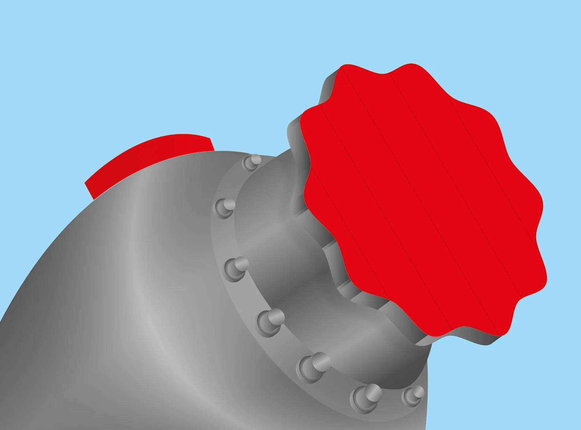 gray metal valve with a large red handle against a blue background, showing industrial equipment components tesa (This text has been generated by AI)