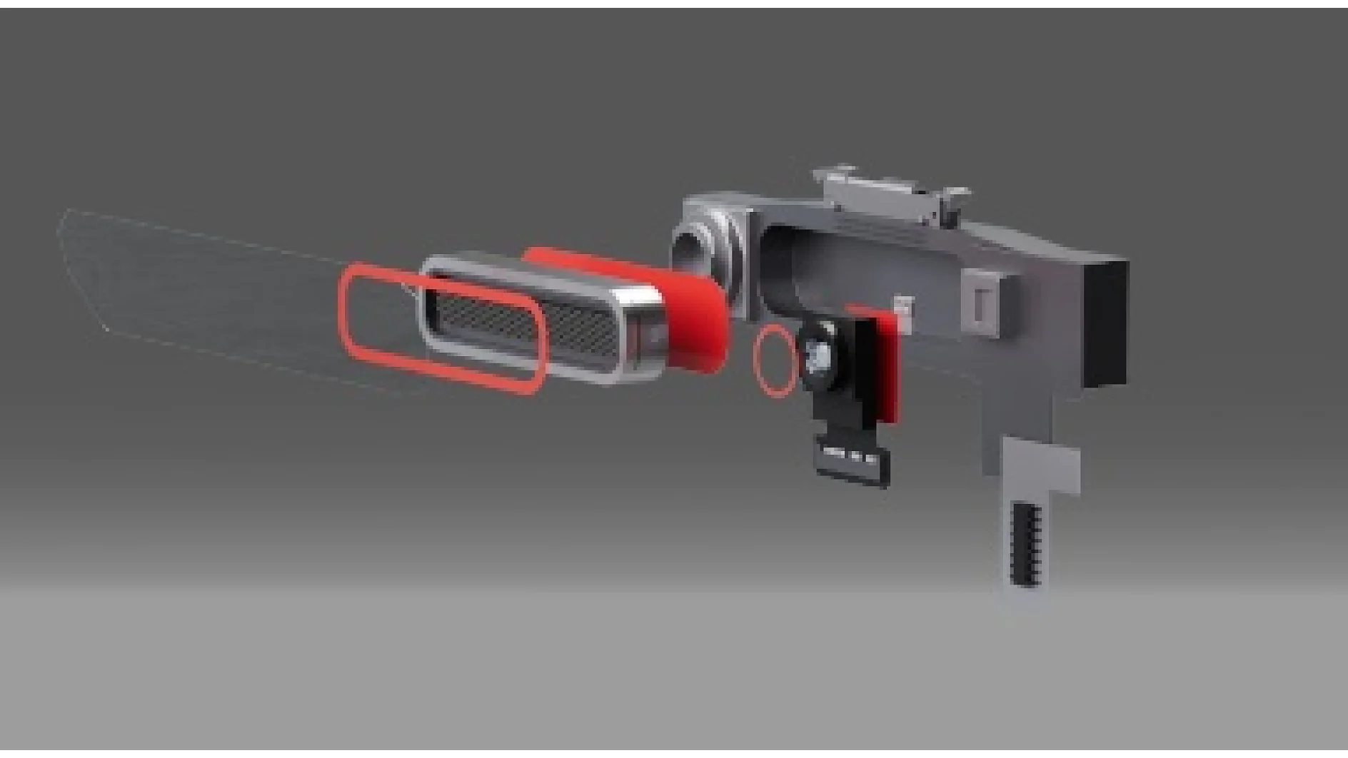 Exploded view of a mechanical lock assembly with visible components such as a keyhole, latch mechanism, and cylindrical parts. The pieces are separated to show the individual elements in detail, with some parts highlighted in red using tesa tape. (This text has been generated by AI)