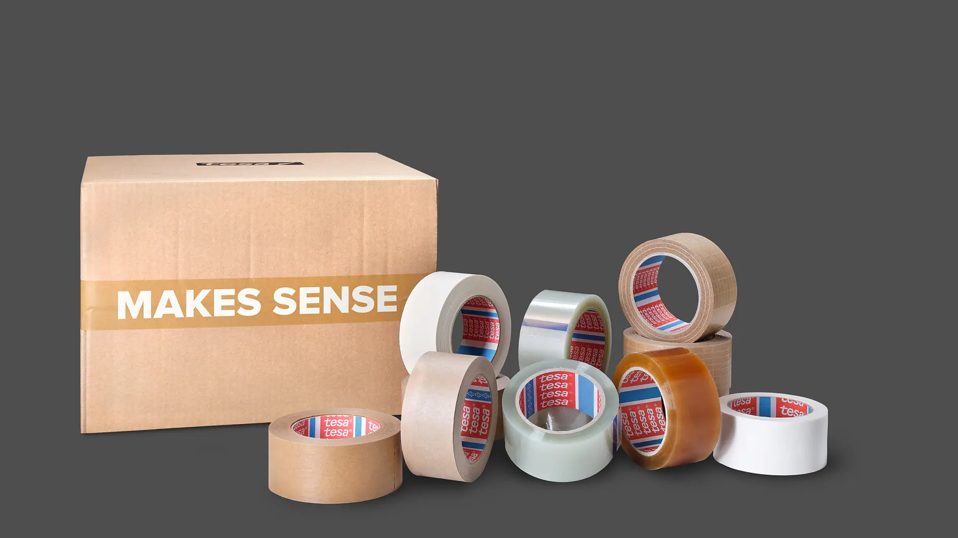 A cardboard box labeled MAKES SENSE is positioned next to ten rolls of tesa tape in various colors, including clear, brown, and beige, arranged against a plain gray background.