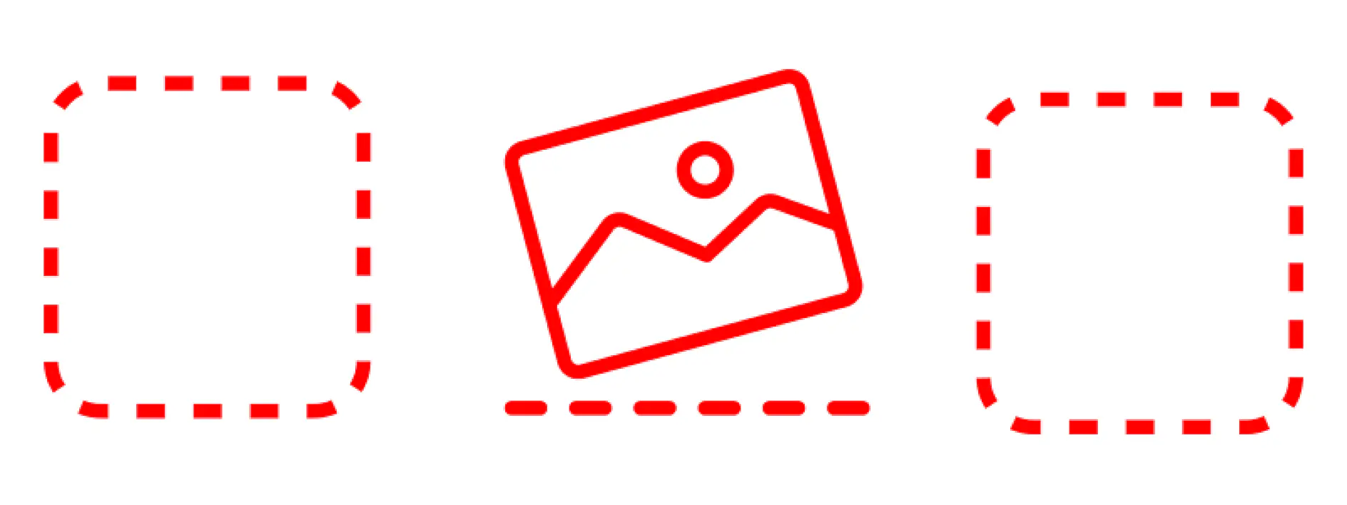 A red outlined icon of a landscape photograph with a mountain and sun, surrounded by dashed rectangles on both sides. The design suggests an image placeholder or gallery layout using tesa tape for securing images effectively.