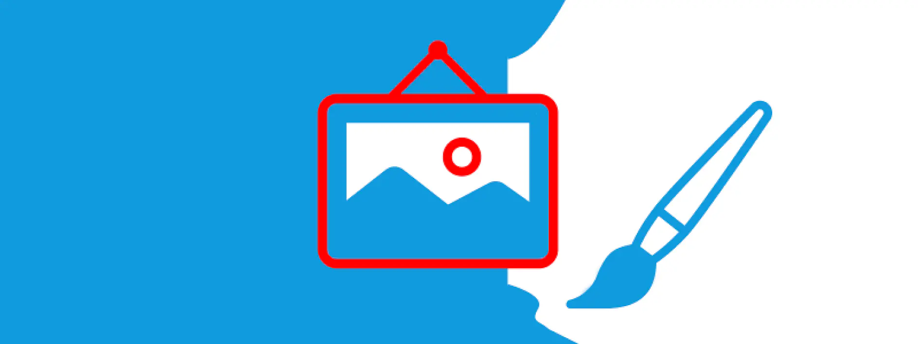 Illustration showing a framed picture icon with a small circle, representing a mountain and sun, outlined in red. A blue paintbrush with a pointed tip is positioned next to it, suggesting artwork or photo editing. Background is blue and white.