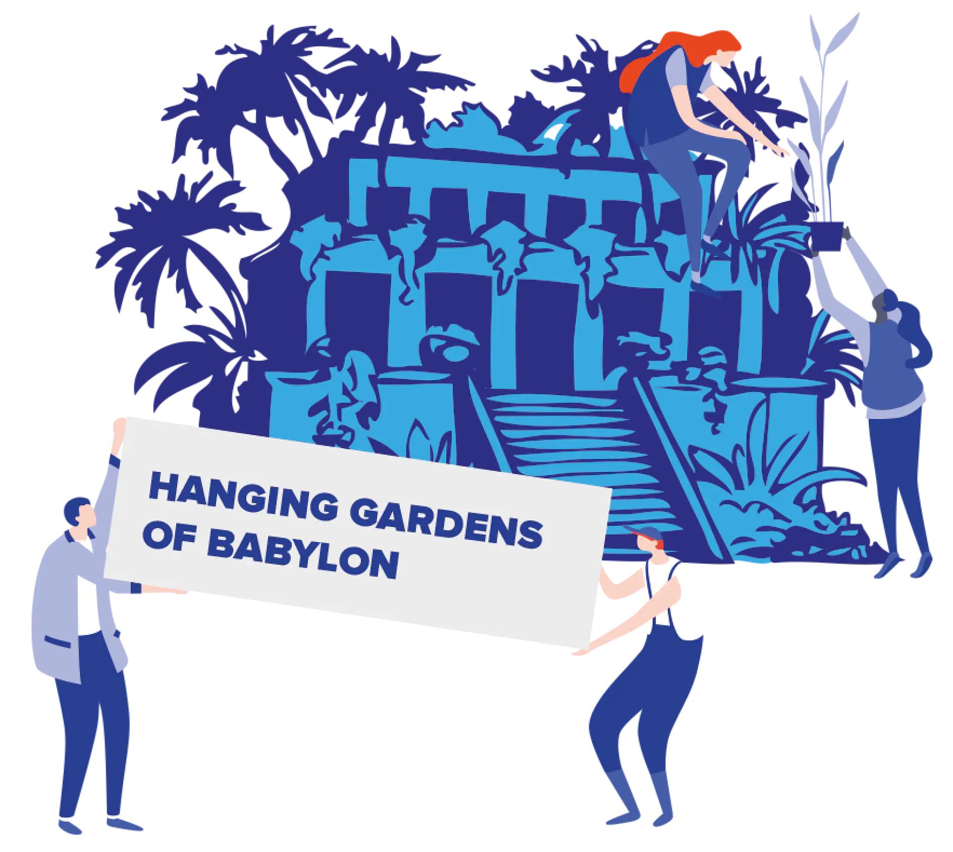 Illustration of the Hanging Gardens of Babylon with blue and purple hues. Two people are climbing the garden structure, tending to plants. Two others hold a large sign reading Hanging Gardens of Babylon, secured with tesa tape. Palm trees are in the background.