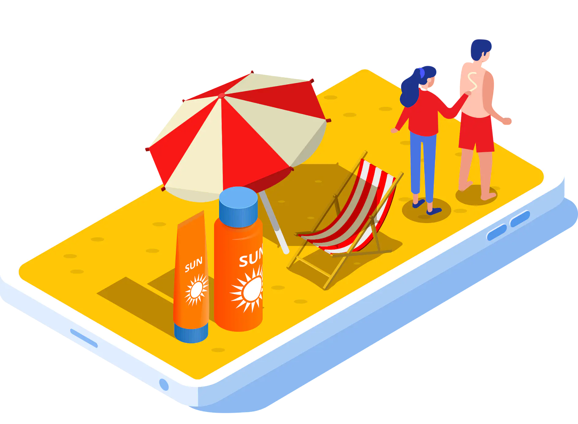 A smartphone displaying a beach scene with two sun lotion bottles, a striped deck chair, a red and white beach umbrella, and two illustrated people standing on the sand.