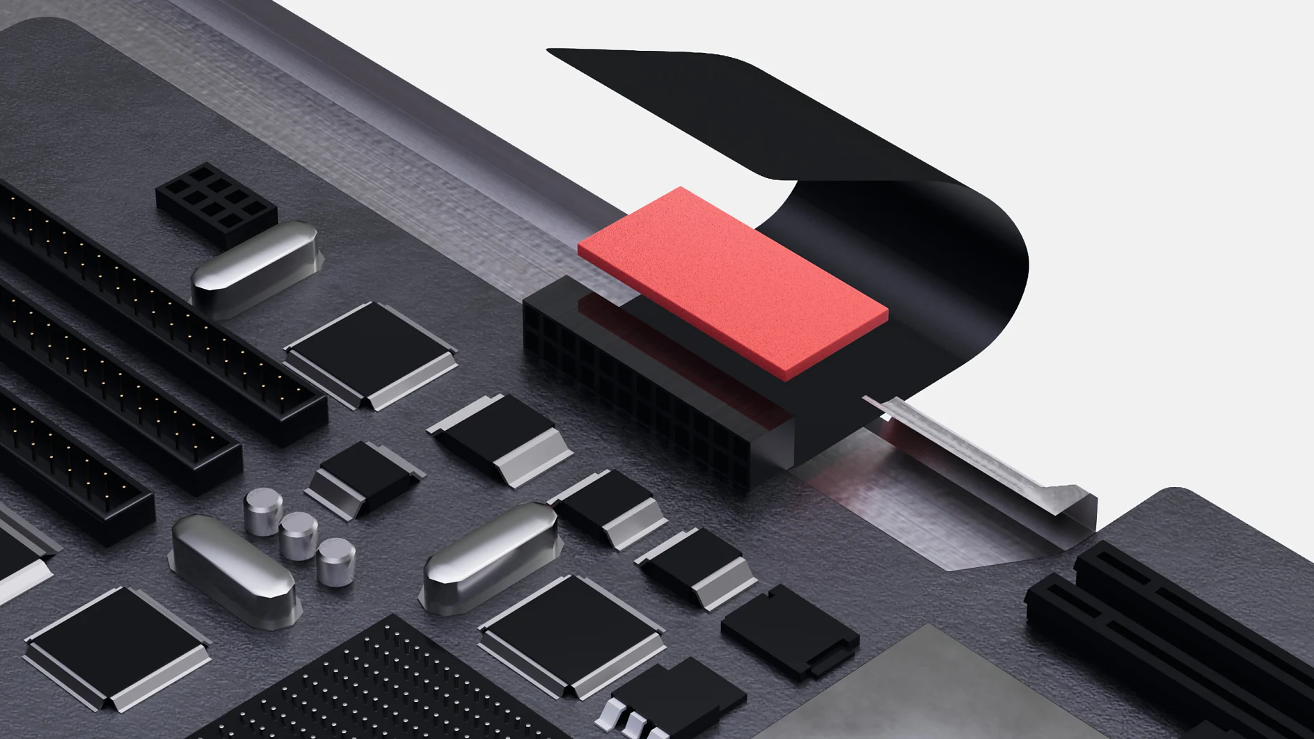 Close-up of a computer motherboard section featuring various components, including several rectangular capacitors, black connectors, and a prominent red heatsink. The background is a light gray surface. (This text has been generated by AI)