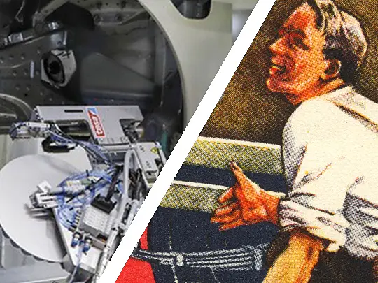 A collage image split diagonally. On the left, an industrial robot in a factory setting working on an automotive assembly line with tesa tape. On the right, a vintage illustration of a worker kneeling beside a car tire, holding a lug wrench near tesa tape. (This text has been generated by AI)
