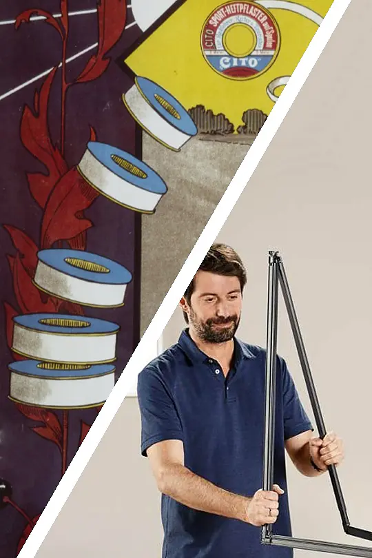 The image is split diagonally. On the left, a vintage-looking design with film reels stacked on a red leaf, set against a dark background. On the right, a man in a blue shirt assembles a triangular frame in a living room using tesa tape. (This text has been generated by AI)