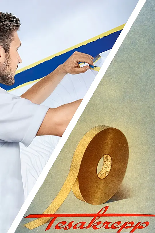 A man is using a piece of blue tesa tape, applying it to a surface. The image is split diagonally with an illustration of a roll of beige tesa tape on the other side, featuring text tesakrepp and ABDECKBAND. (This text has been generated by AI)