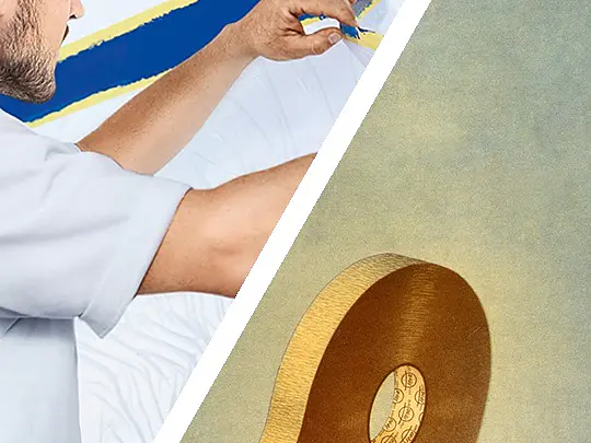 A man is using a piece of blue tesa tape, applying it to a surface. The image is split diagonally with an illustration of a roll of beige tesa tape on the other side, featuring text tesakrepp and ABDECKBAND. (This text has been generated by AI)