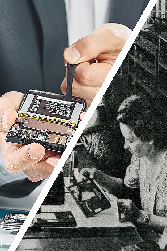 A split image shows a modern close-up of hands repairing a smartphone on the left, and a vintage black-and-white photo of a woman working on electronics at a desk on the right. The image highlights the use of tesa tape in both scenes, demonstrating its versatility and longstanding reliability in electronic repairs. (This text has been generated by AI)