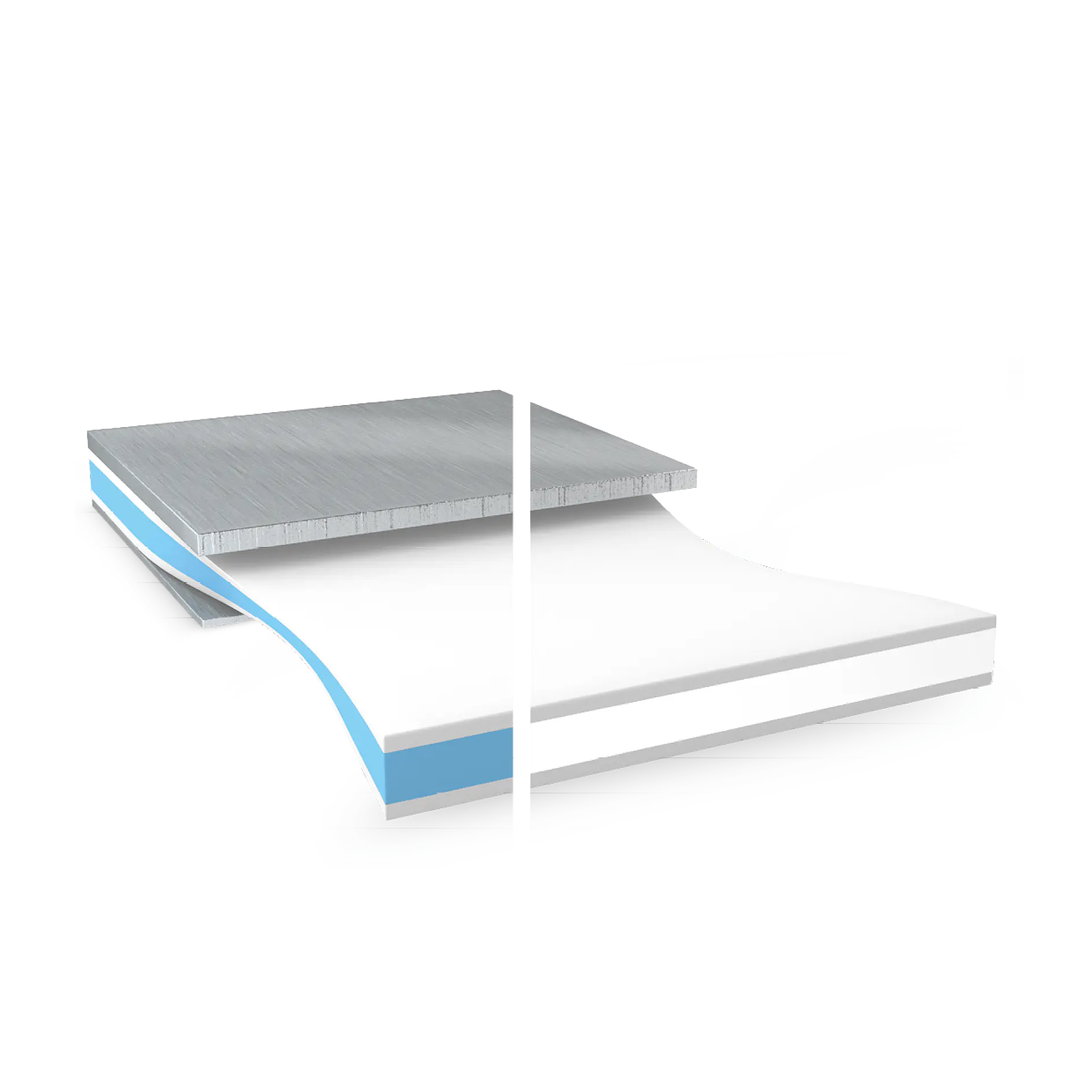 A cross-sectional image of a multi-layered material. The top layer is silver, resembling metal, followed by a blue layer, a thick white layer of tesa tape, and a thinner grey layer at the bottom. Each layer is represented with a slight separation.