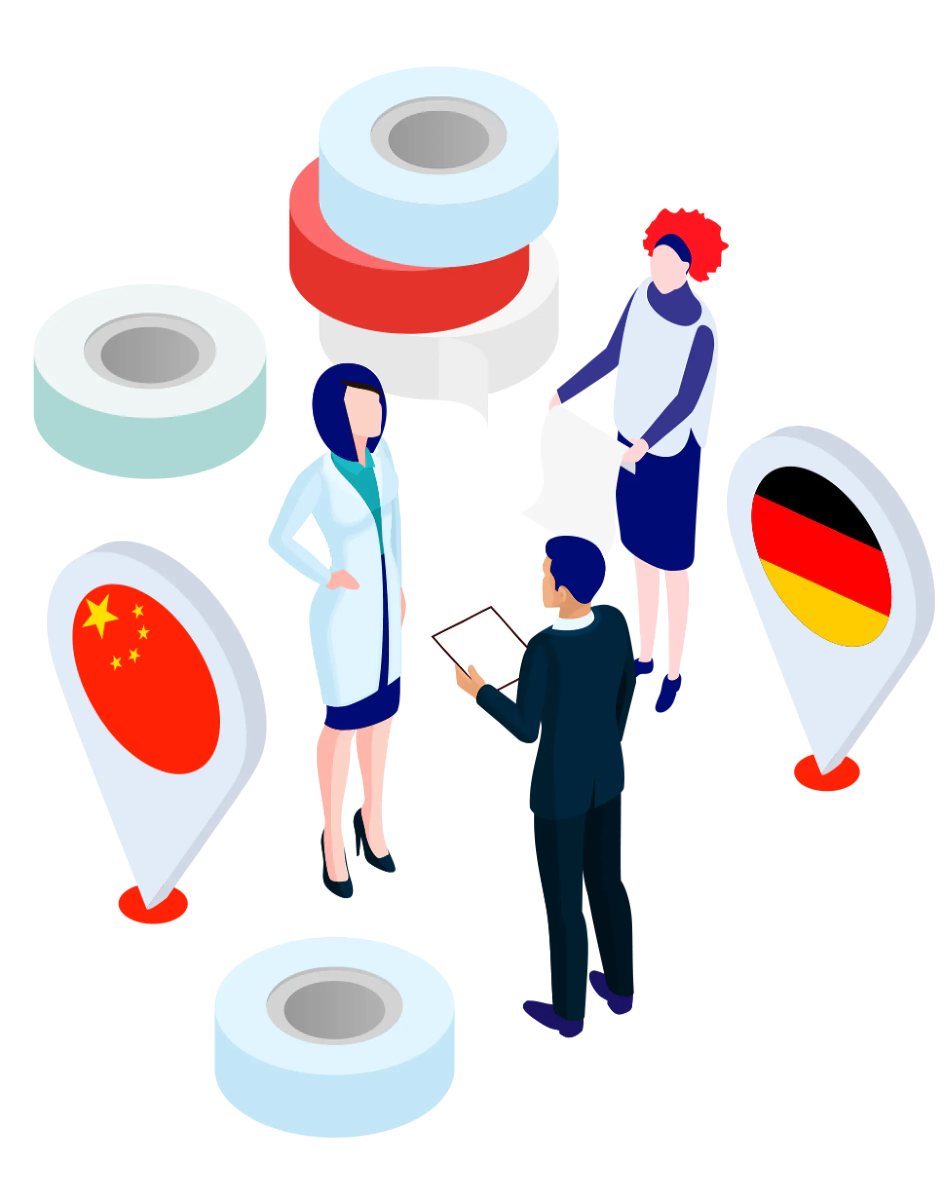 Three illustrated people are engaged in conversation. Two speech bubbles and circular shapes are around them. The scene includes map pins with the Chinese and German flags. One person holds a document, while another wears a white coat.