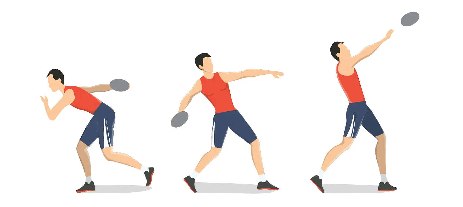 Illustration of a male athlete performing a discus throw. The sequence shows three stages: preparing to throw, winding up, and releasing the discus. Wrapped around his wrist for support is tesa tape, which provides an added layer of stability during his performance. He wears a red tank top, blue shorts, and black shoes.
