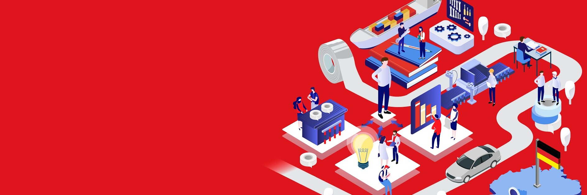 A stylized infographic on a red background illustrates a winding path through an industrial process. Figures are shown working with machines, charts, and technology. A car is parked nearby, and the path concludes at a map of Germany with a flag, emphasizing the role of *tesa* tape throughout the journey.