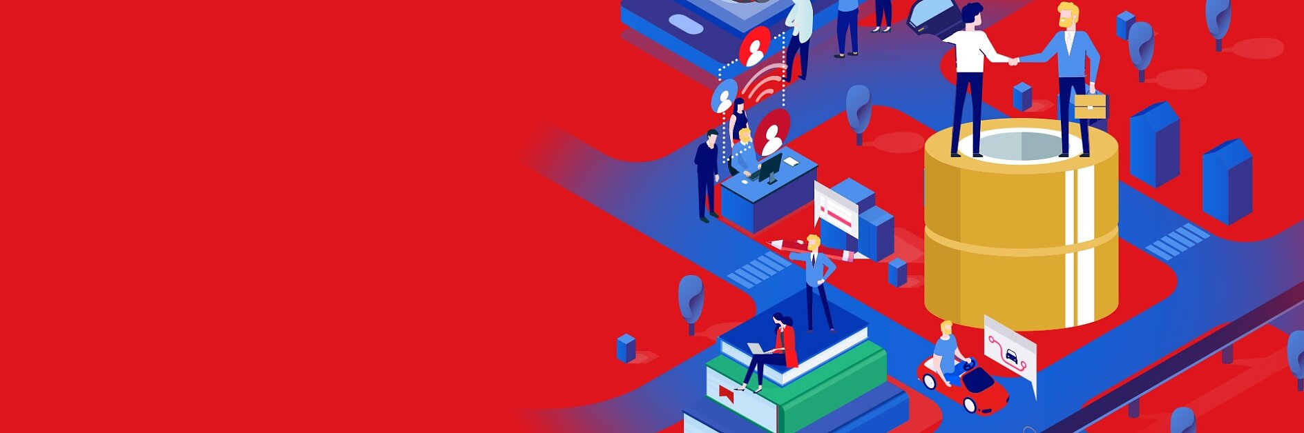 Illustration of a business scene on a red background. Small figures engage in activities like a handshake, working on laptops, and analyzing charts. There are cars and various digital icons around, suggesting a corporate or technology theme.