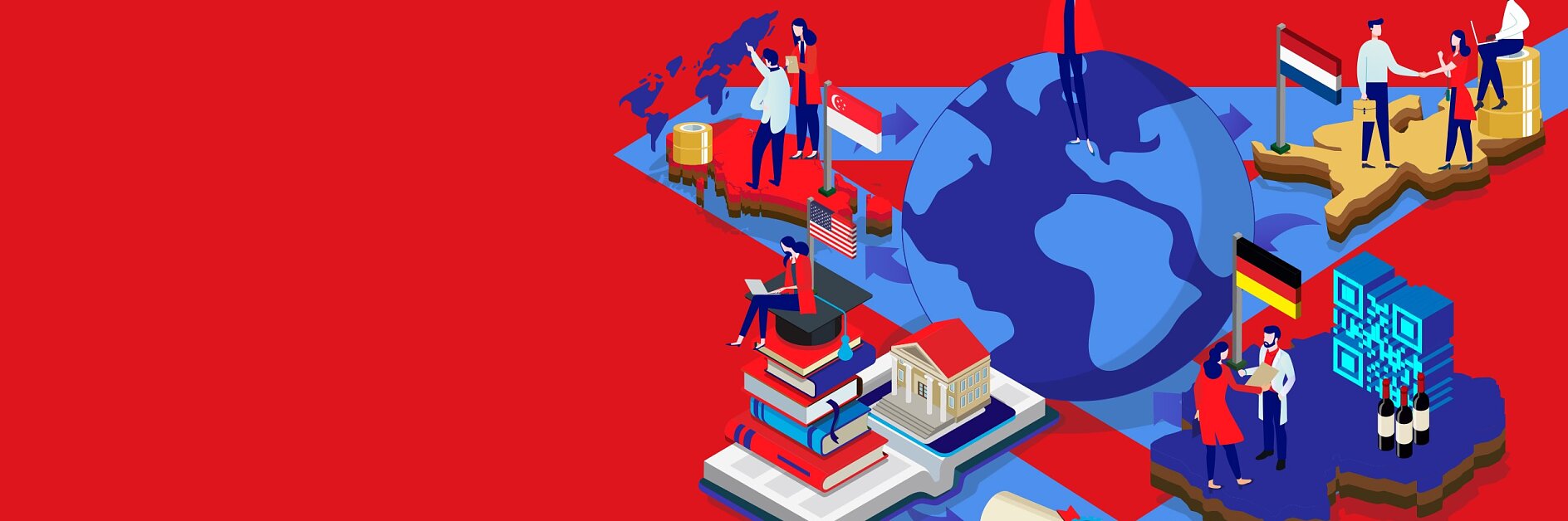 Illustration of a large globe with diverse people standing on it, surrounded by books, a diploma, and international flags. A woman holds a trophy, and a QR code is present. A background of tesa tape in red and a map outline is visible.