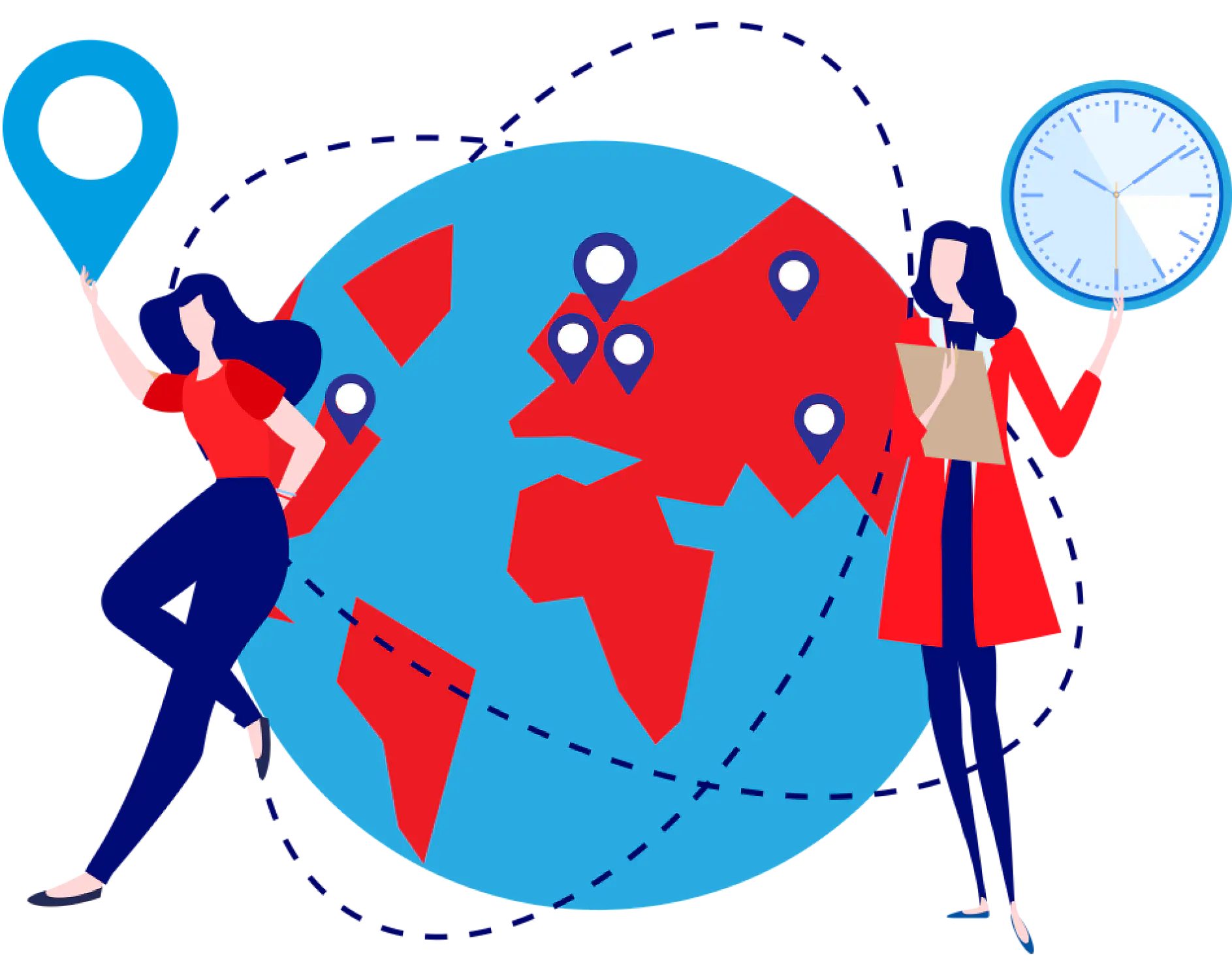 Illustration of two people standing around a globe. One holds a location pin, and the other a clock. The globe displays tesa tape markers on Europe, Africa, and Asia. Dotted lines connect the tesa tape markers.
