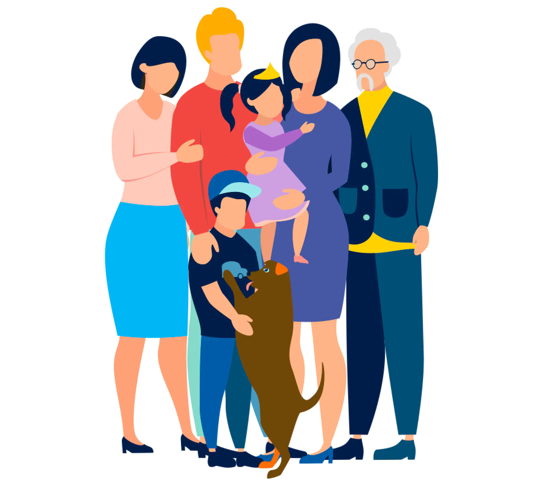 Illustration of a family group. It includes a grandfather, two adults, a young child, a toddler being held, and a dog. They stand closely together, with the dog playfully interacting with the young child.
