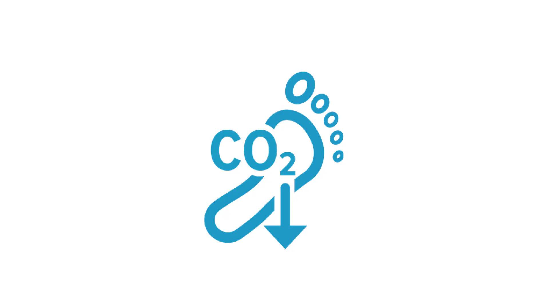 A blue icon of a footprint with CO2 written inside. An arrow pointing downward is beneath O2, suggesting a reduction in carbon emissions or carbon footprint. The design is on a white background. (This text has been generated by AI)