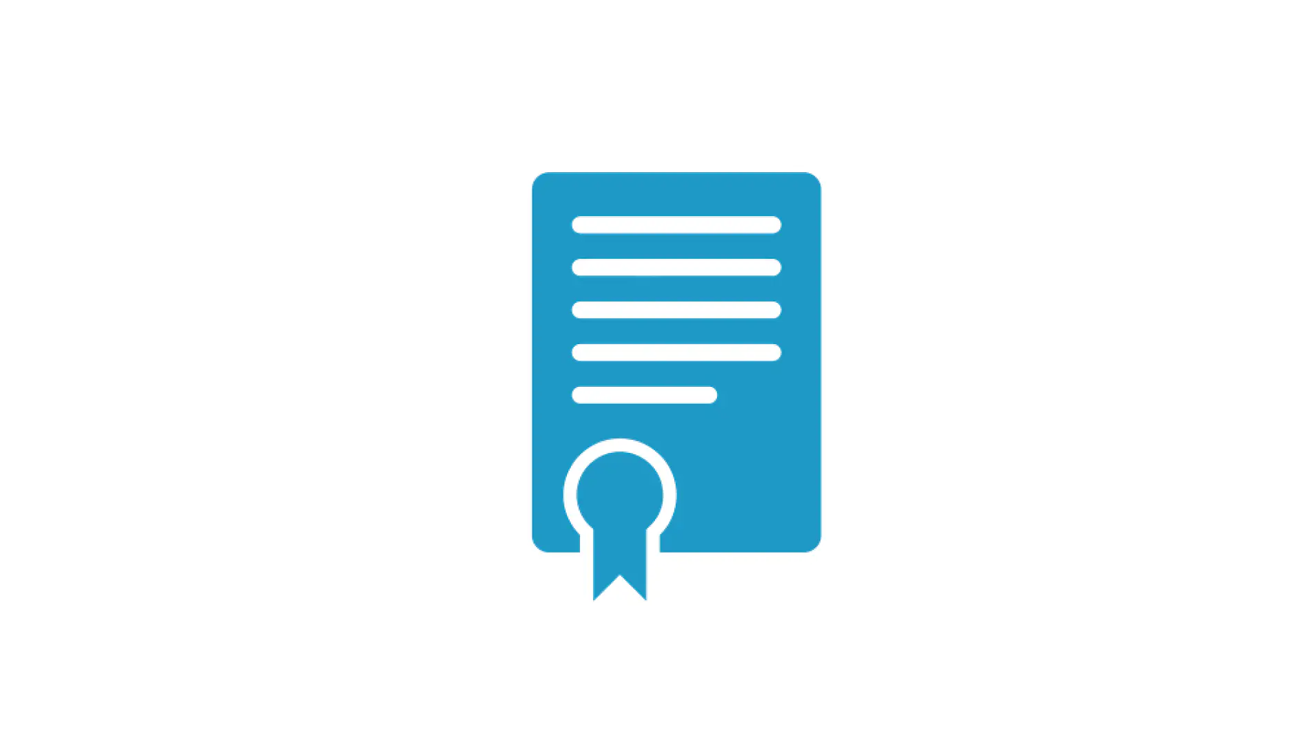 A blue icon depicting a certificate with a ribbon. The rectangle represents the document, with three horizontal lines symbolizing text. The ribbon is attached at the bottom center, held in place securely by tesa tape. The background is white. (This text has been generated by AI)