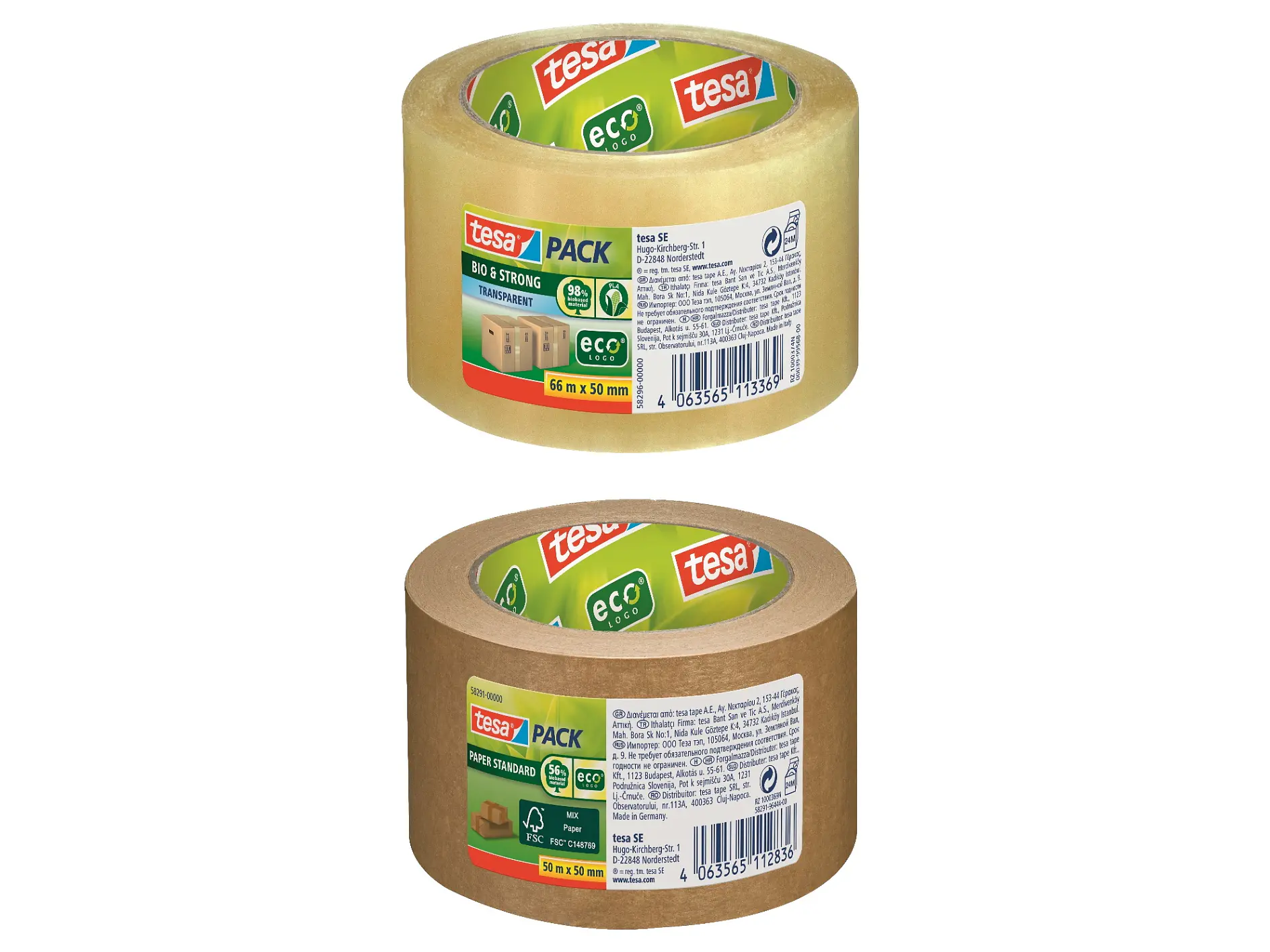 Two rolls of tesa tape are displayed. The top roll is clear with red, green, and white labeling indicating Eco & Strong. The bottom roll is brown with similar branding. Both labels include environmental and packaging information. (This text has been generated by AI)