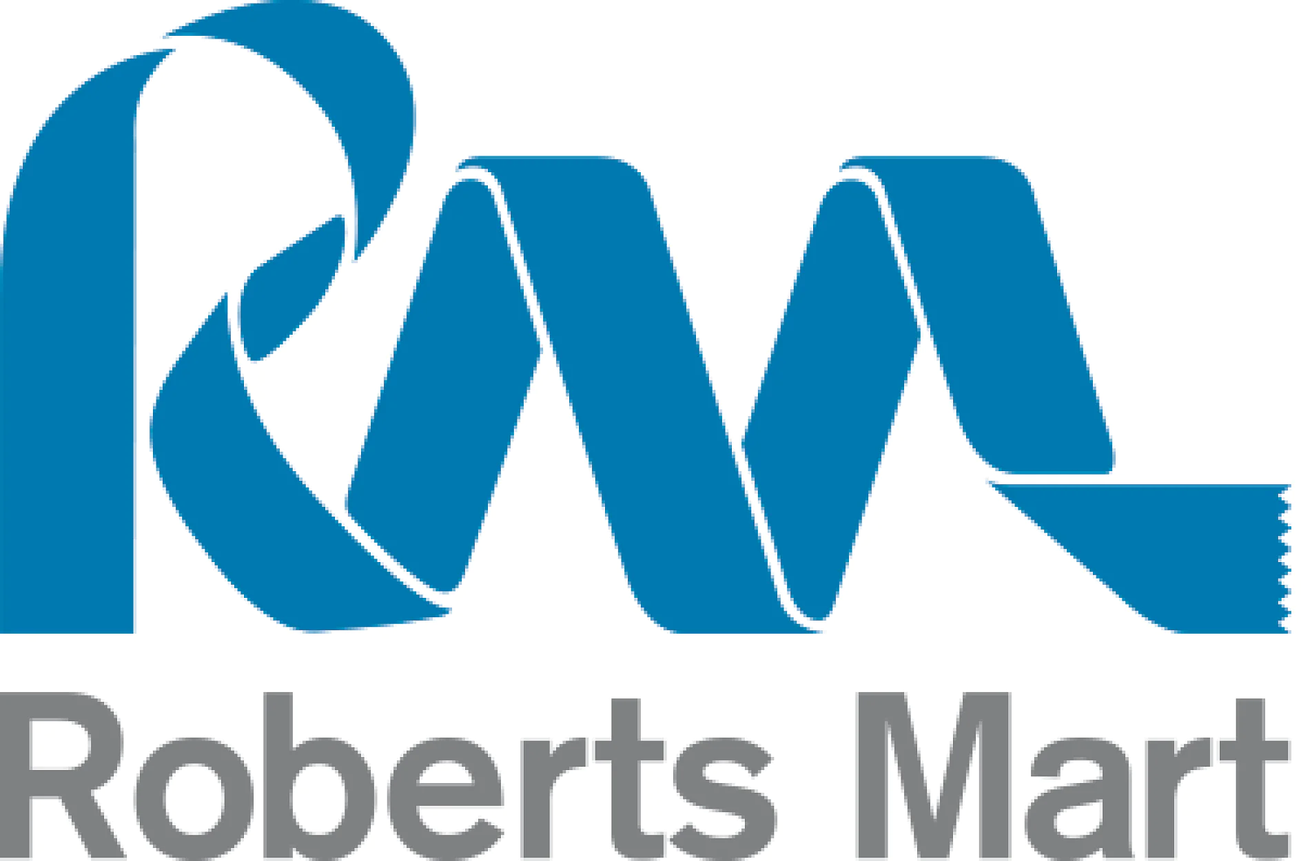 Sure, here is the revised text: Logo of Roberts Mart, featuring stylized letters RM in blue with a tesa tape-like design. The words Roberts Mart are written below in gray. (This text has been generated by AI)