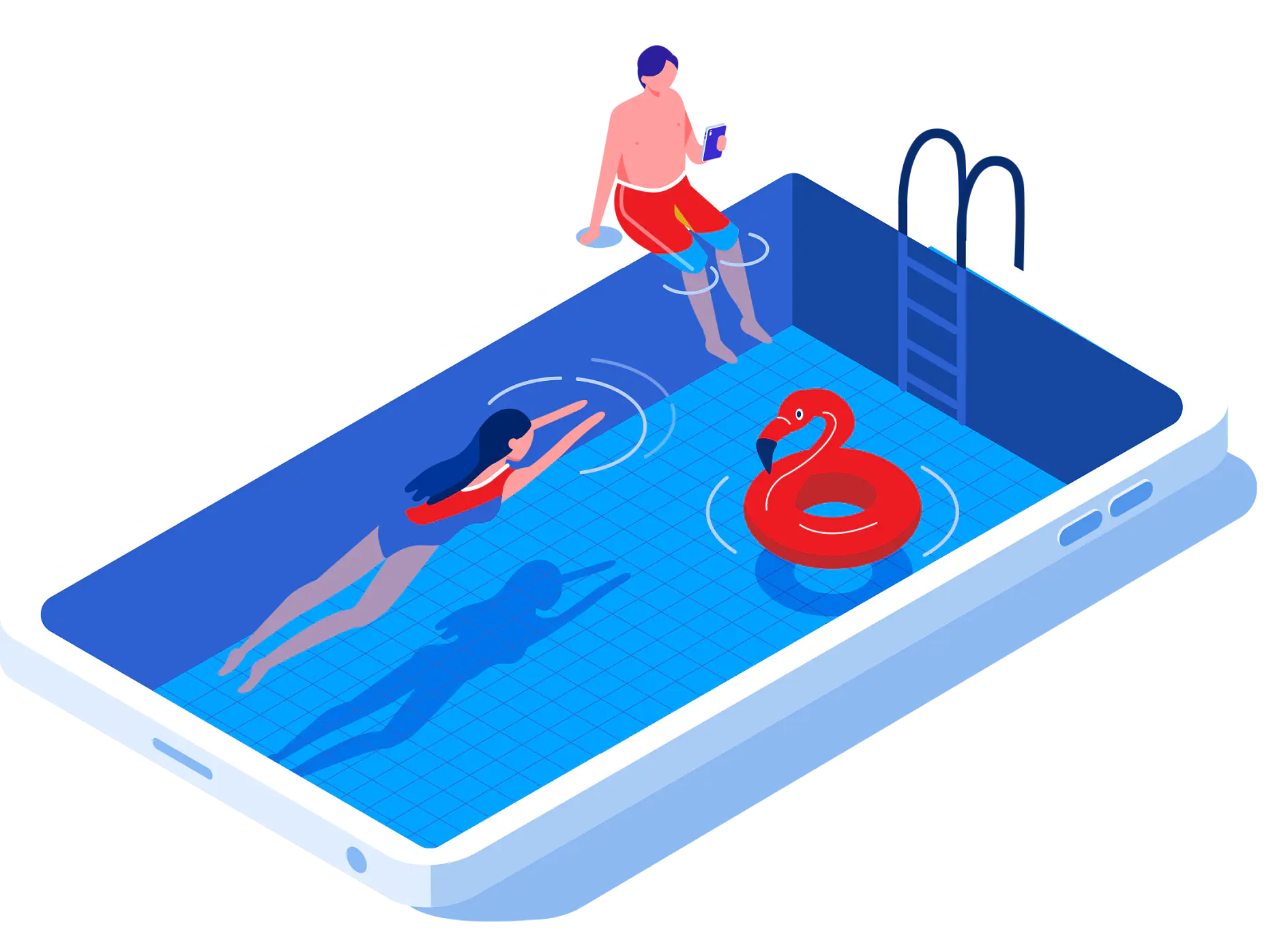 Illustration of a swimming pool designed as a smartphone. A person sits at the edge with feet in water, holding a cup. A person swims underwater, and a red inflatable flamingo float is in the pool. A ladder is on the opposite side.