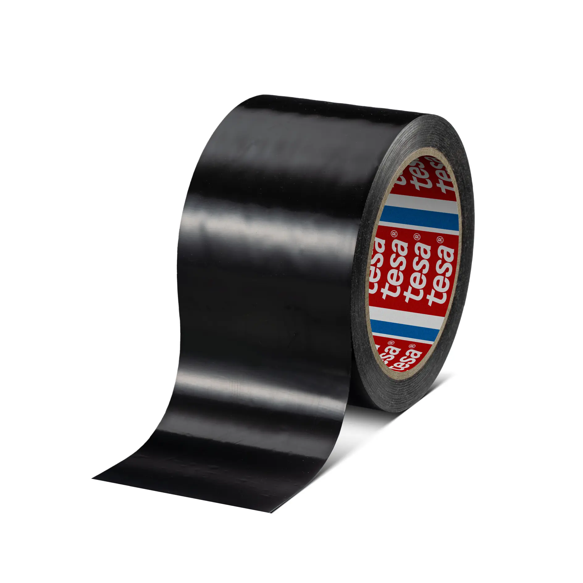 A roll of black adhesive tesa tape is partially unrolled. The inner core of the roll is branded with red, white, and blue colors displaying the brand name. The tesa tape has a glossy finish and is set against a white background.