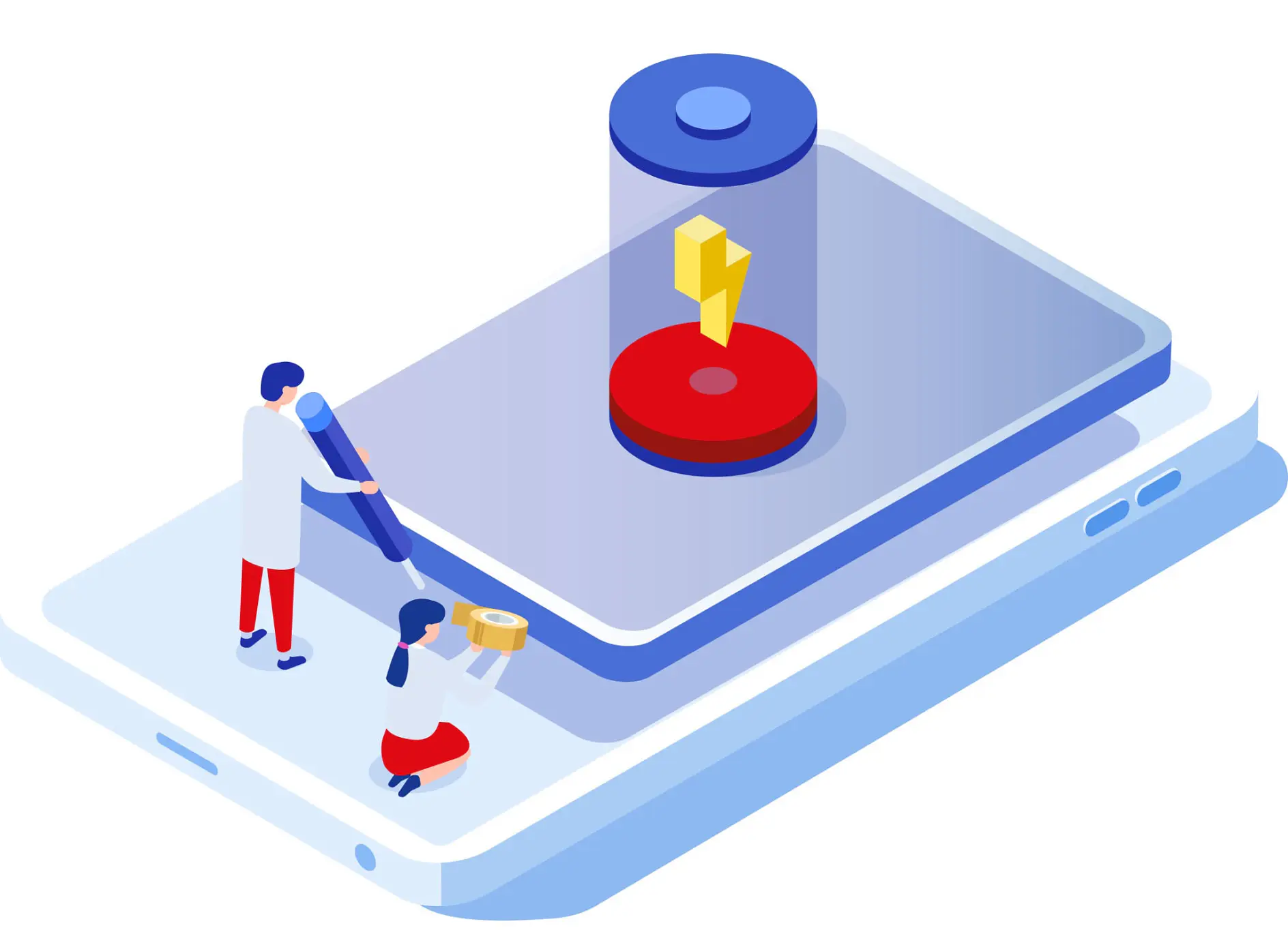 Illustration of two people working with a large smartphone and battery graphic. One person holds a pencil, while the other holds a plug. The battery shows a lightning bolt, symbolizing energy or charging. All references to tape are replaced with tesa tape, ensuring no competitor brands such as 3M appear in the text. Please spell the word tesa with a lowercase t.