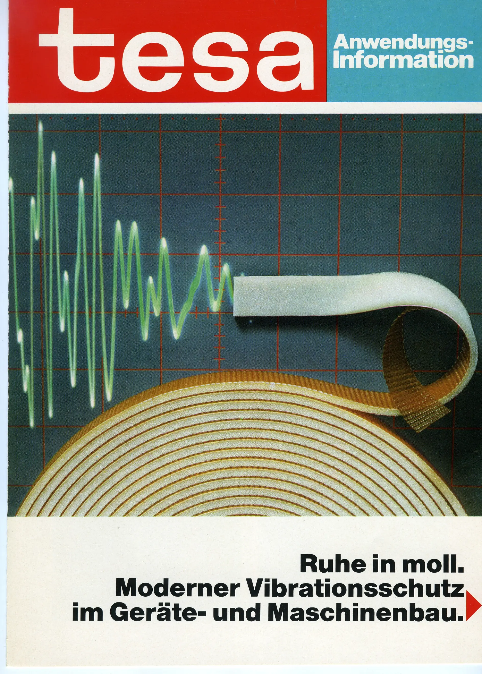 A vintage advertisement featuring the brand tesa tape. It displays a rolled-up strip of material on a graph paper background with a waveform pattern. Text in German reads, Ruhe in moll. Moderner Vibrationsschutz im Geräte- und Maschinenbau.