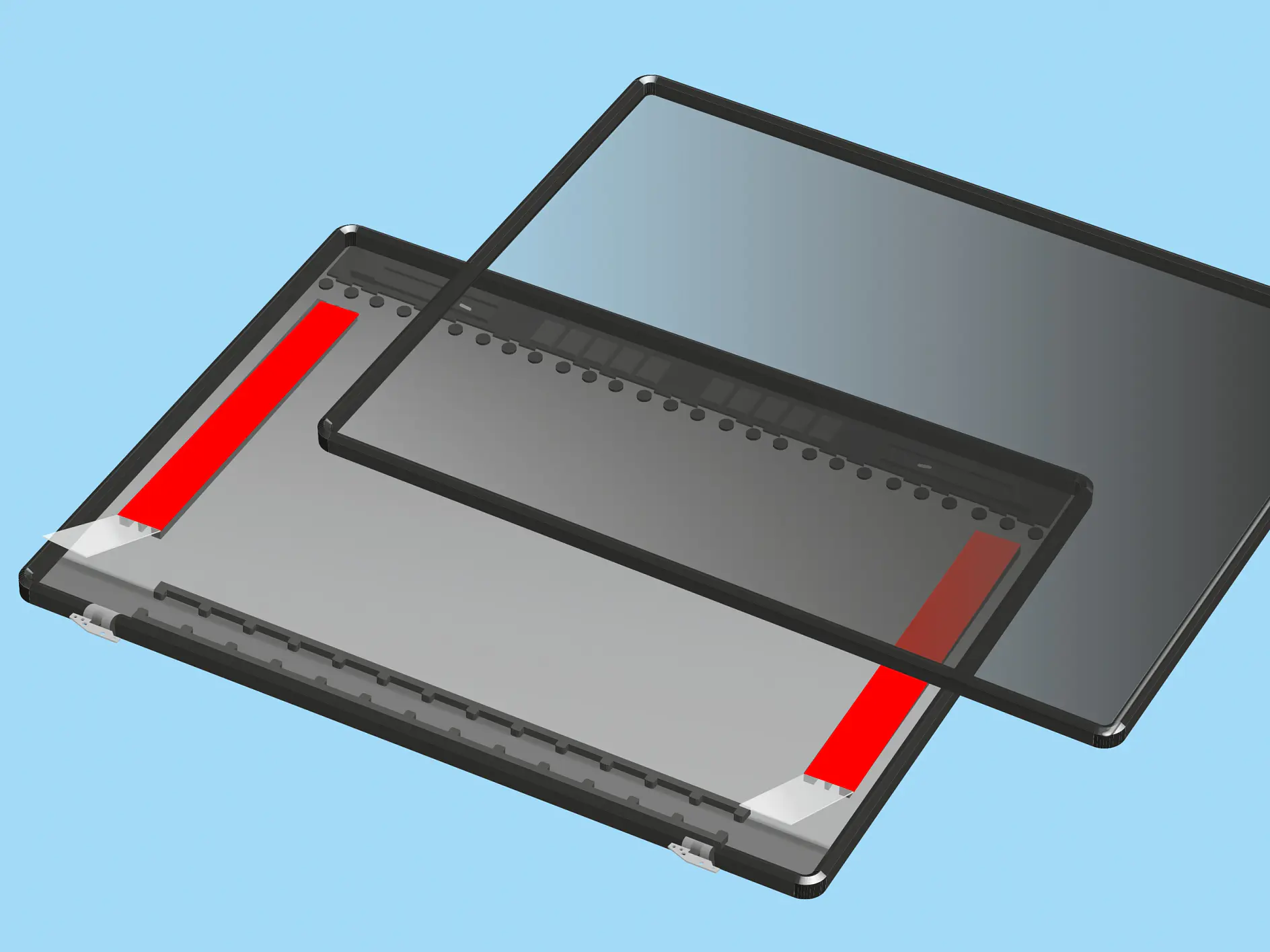 Exploded view of a tablet device showing a separated screen and casing against a light blue background. The internal components are partially visible, including areas marked with red tesa tape highlights.