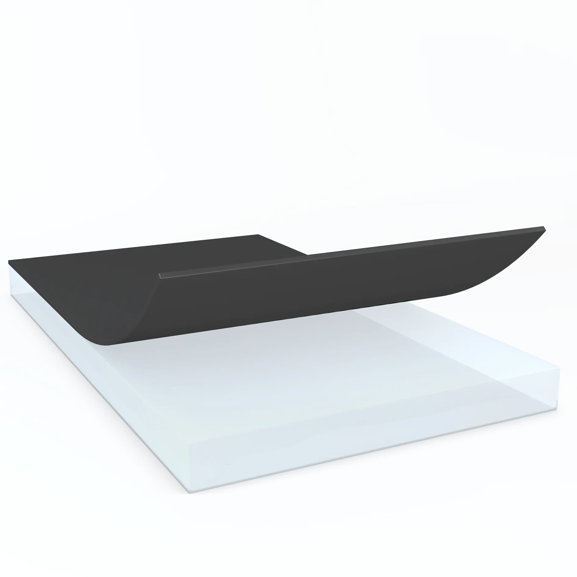 A sleek, modern black skateboard with a smooth curve at one end is displayed on a white surface with a reflective finish. The image highlights the boards design and contours.
