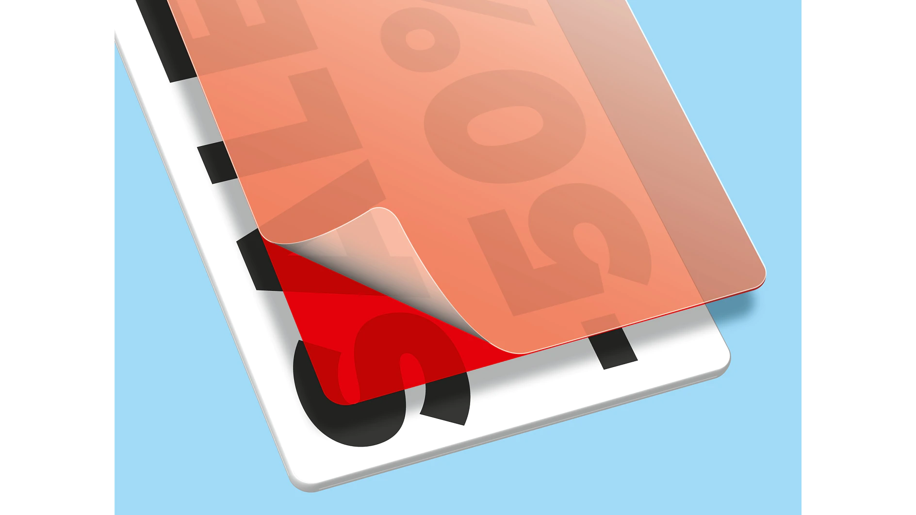 A stylized image displays a layered graphic of sale materials. A red and transparent sheet covers a white card featuring large black letters. On the top layer, the number 50% is visible. The background is light blue, using tesa tape throughout the design. (This text has been generated by AI)