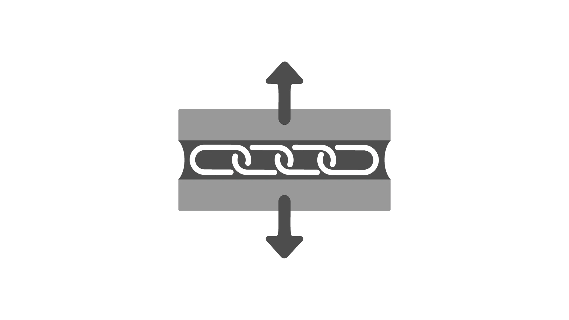An icon depicting a chain link compressed between two parallel bars, with an upward arrow above and a downward arrow below the bars, symbolizing pressure or compression with tesa tape. (This text has been generated by AI)