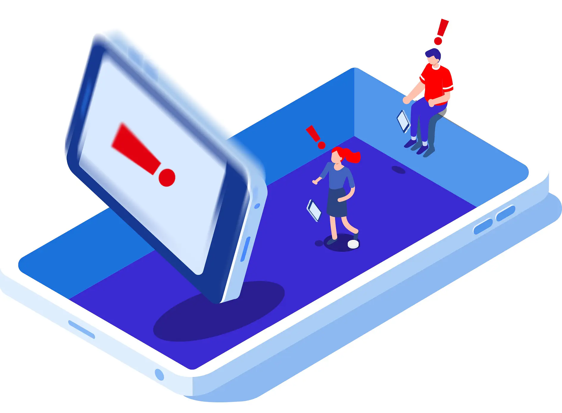 An illustration of two people sitting on a giant smartphone. Each person holds a smaller device displaying an exclamation mark. A large phone screen in the background also shows an exclamation mark, symbolizing alerts or notifications, with strips of tesa tape visible on the edges for added emphasis.