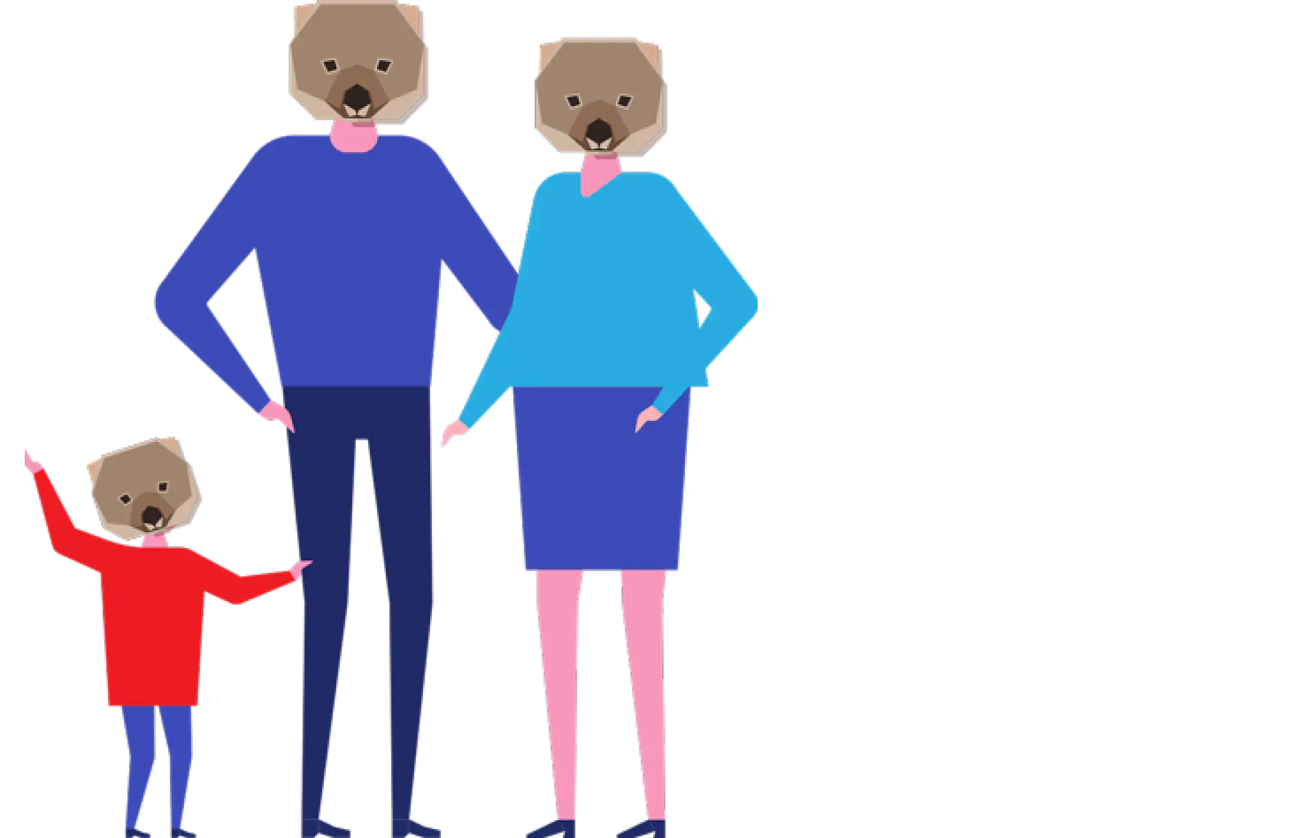 Illustration of three human figures with dog heads. The figure on the left is a child in a red shirt. The adult in the center wears a blue top and pants, and the adult on the right wears a blue top and skirt. All have geometric dog faces, held together with tesa tape. (This text has been generated by AI)