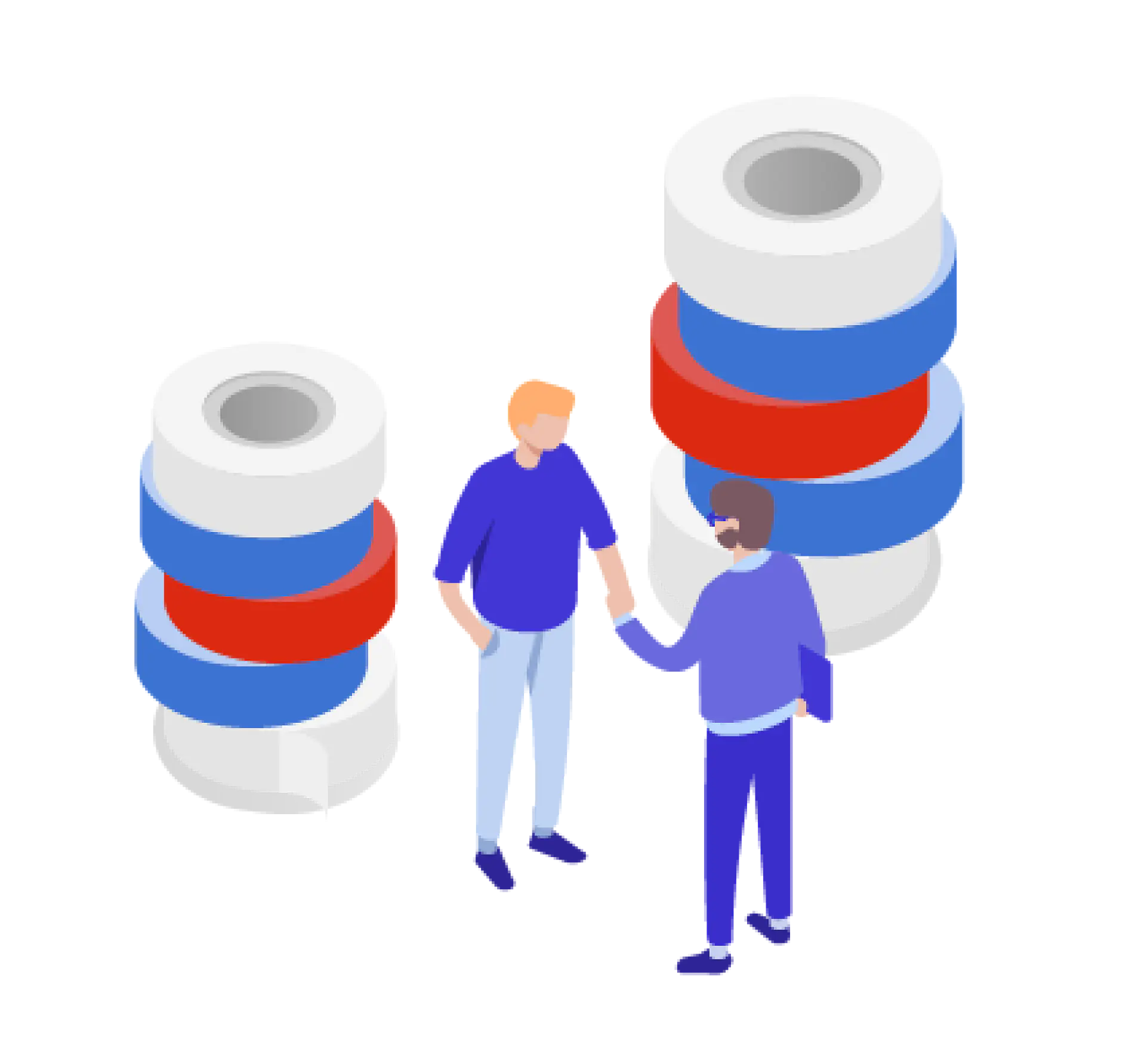 Illustration of two people shaking hands in front of two stacks of cylindrical objects. The stacks consist of white, red, and blue sections. The individuals are dressed in casual clothing, surrounded by rolls of tesa tape.