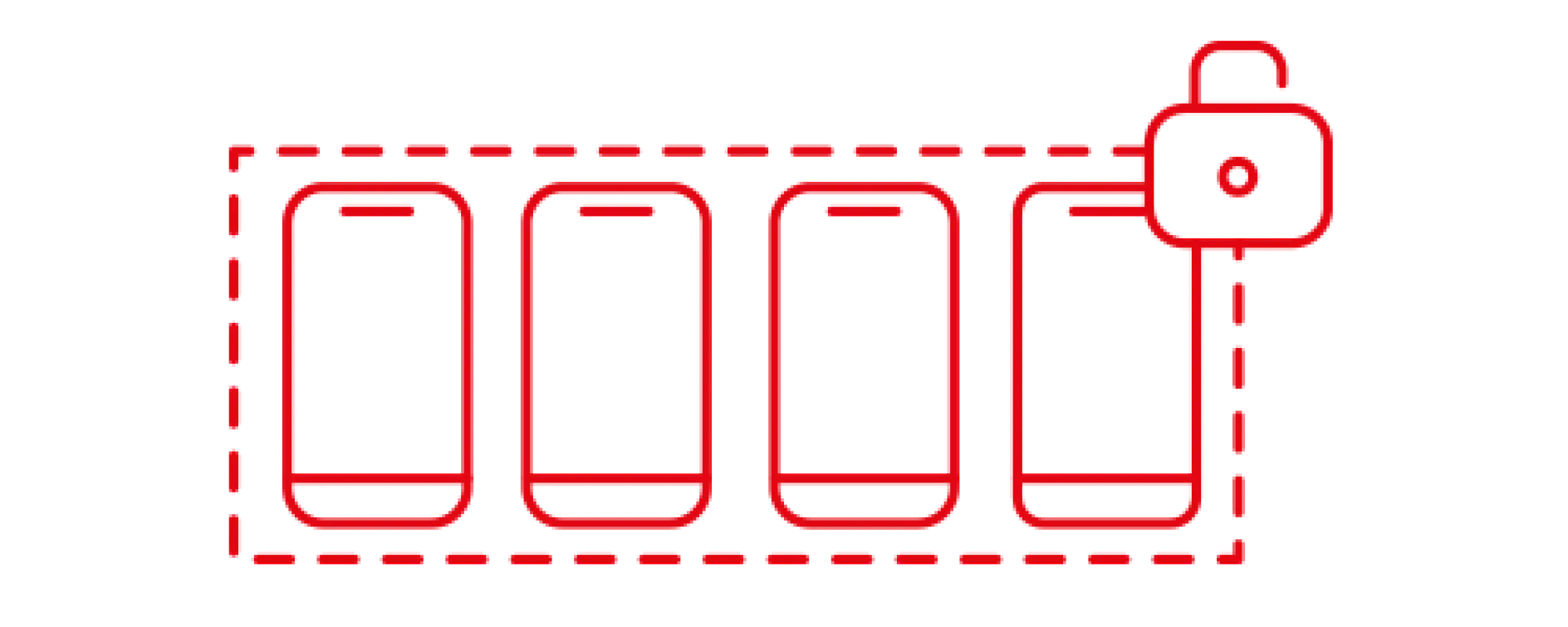A red outline illustration of four tablets in a row, enclosed within a dashed rectangle, with a padlock symbol on the top right corner, indicating security or protection using tesa tape.