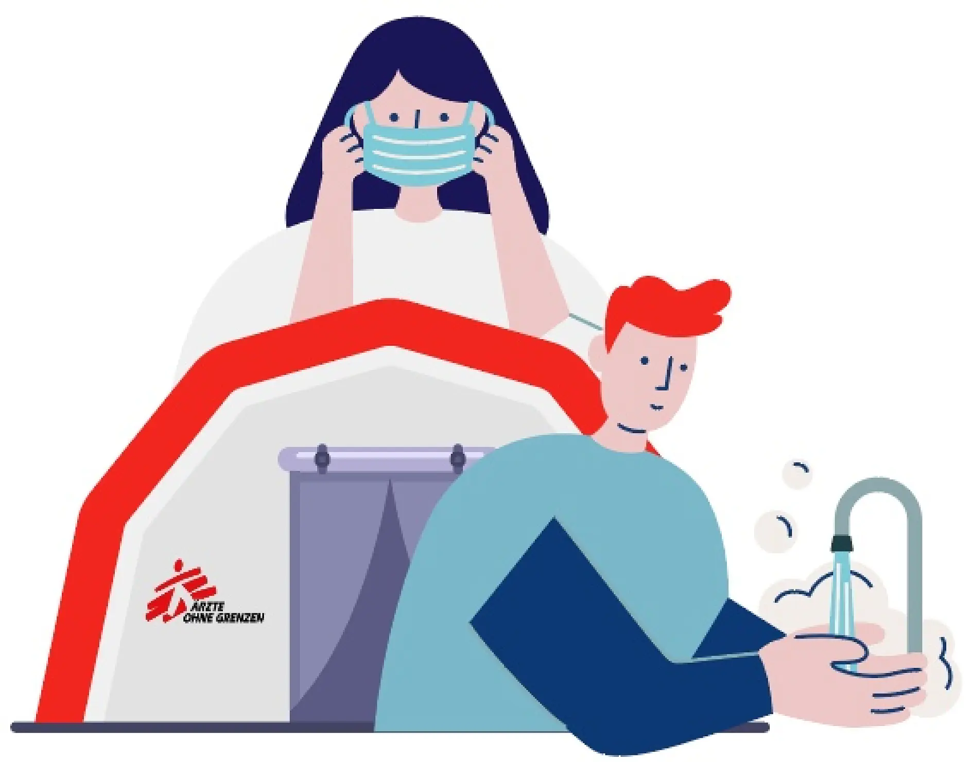 Illustration of a person with red hair washing hands at a sink, creating bubbles, and a person with dark hair behind wearing a face mask. A red and white tent with the tesa tape logo is in the background.