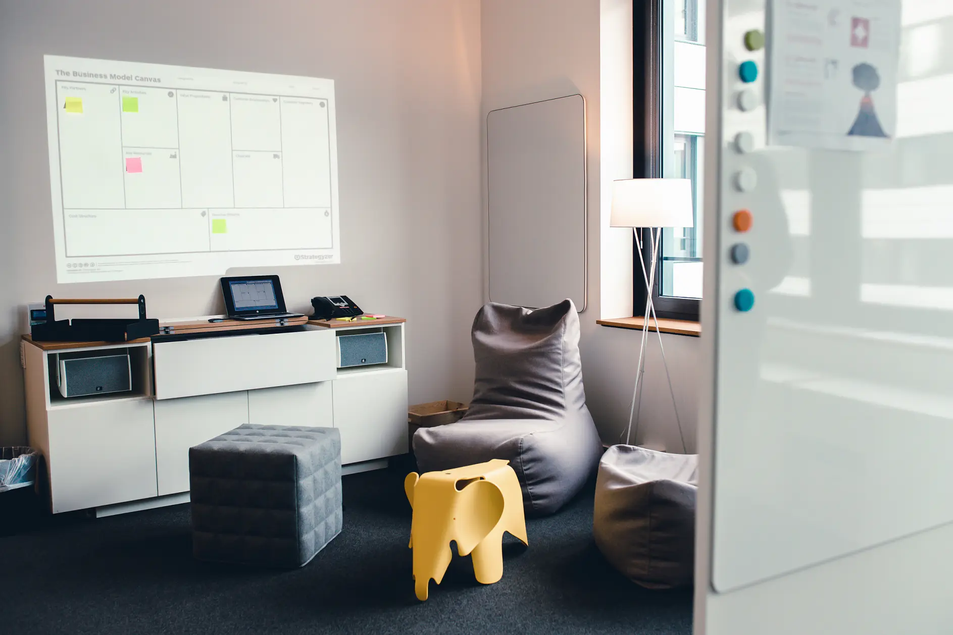 A modern office space with a business model canvas projected on the wall. The room features a whiteboard, gray poufs, a yellow elephant-shaped stool, a table, and a large window with a floor lamp. A white cabinet holds electronic devices secured in place using tesa tape.